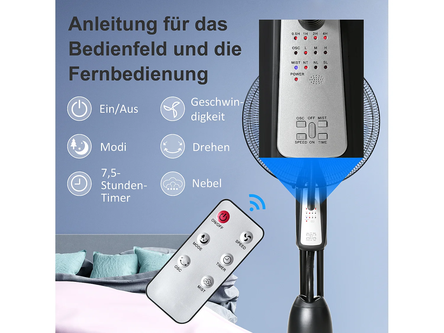 Ventilateur sur pied avec nébuliseur 2.8L, 3 modes, oscillation, minuterie et angle ajustable, noir (44.5x44.5x120cm)