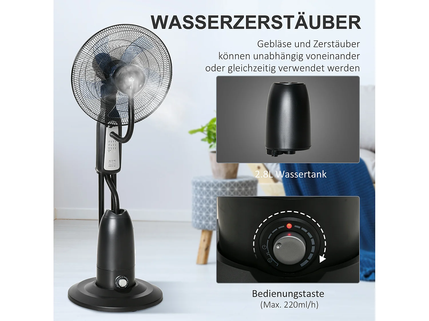 Ventilateur sur pied avec nébuliseur 2.8L, 3 modes, oscillation, minuterie et angle ajustable, noir (44.5x44.5x120cm)