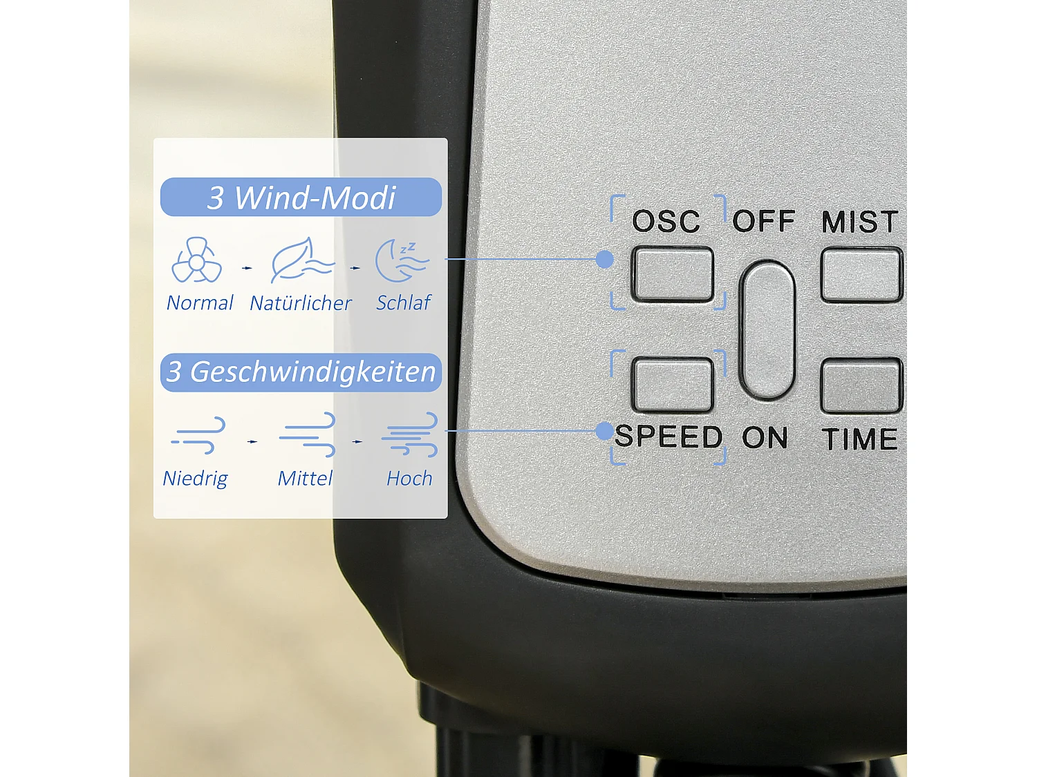 Ventilateur sur pied avec nébuliseur 2.8L, 3 modes, oscillation, minuterie et angle ajustable, noir (44.5x44.5x120cm)