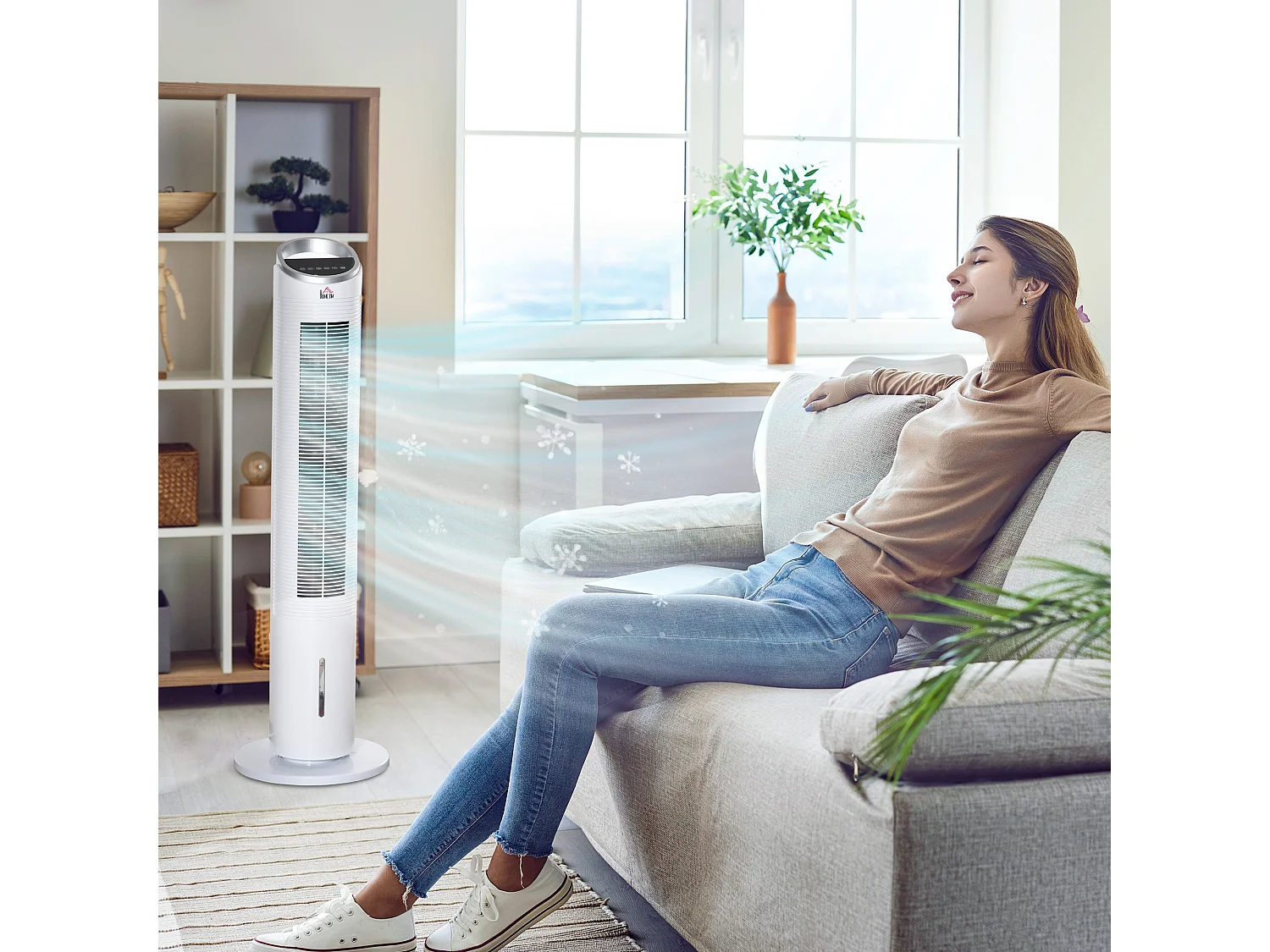 Ventilateur à tour avec fonction de brumisation, 60W, 3 modes, télécommande, réservoir d'eau 2L, oscillation 52°, pour pièces jusqu'à 20㎡ (Ø30x100.8Hcm)