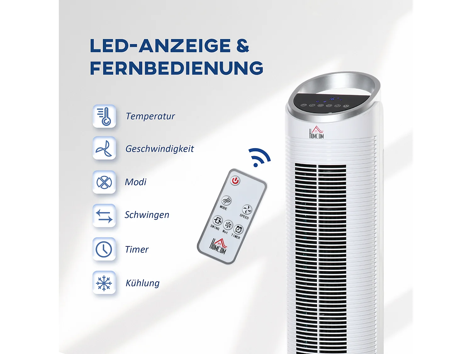 Ventilateur à tour avec fonction de brumisation, 60W, 3 modes, télécommande, réservoir d'eau 2L, oscillation 52°, pour pièces jusqu'à 20㎡ (Ø30x100.8Hcm)