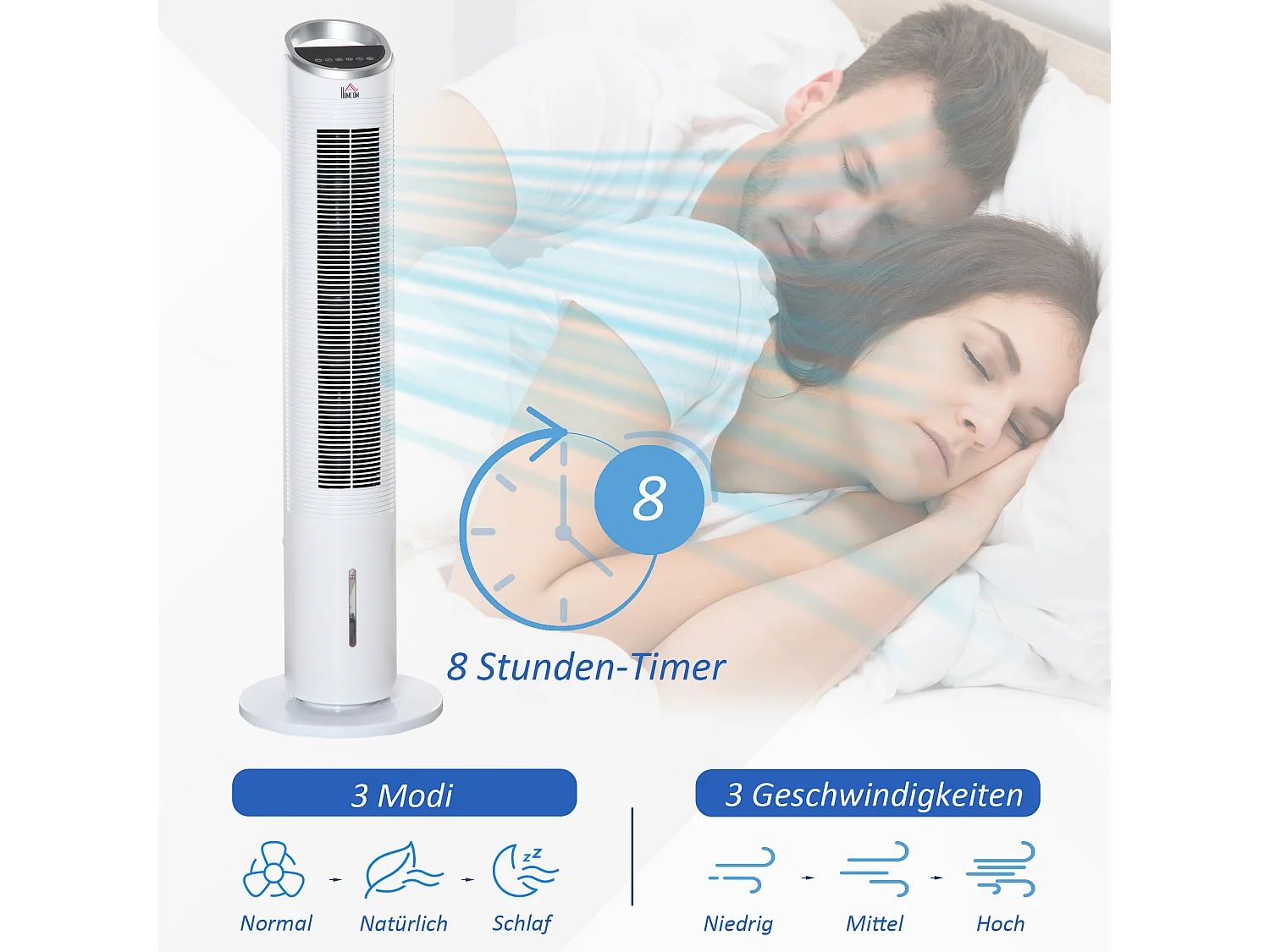 Ventilateur à tour avec fonction de brumisation, 60W, 3 modes, télécommande, réservoir d'eau 2L, oscillation 52°, pour pièces jusqu'à 20㎡ (Ø30x100.8Hcm)