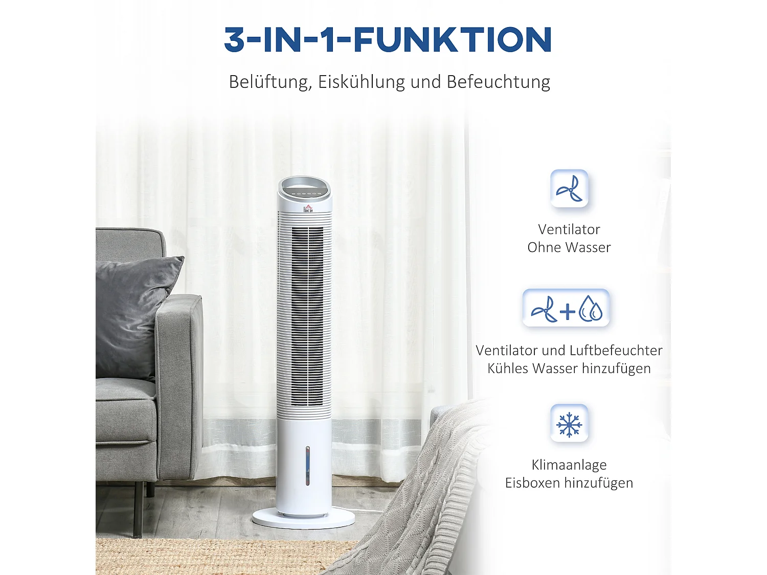 Ventilateur à tour avec fonction de brumisation, 60W, 3 modes, télécommande, réservoir d'eau 2L, oscillation 52°, pour pièces jusqu'à 20㎡ (Ø30x100.8Hcm)