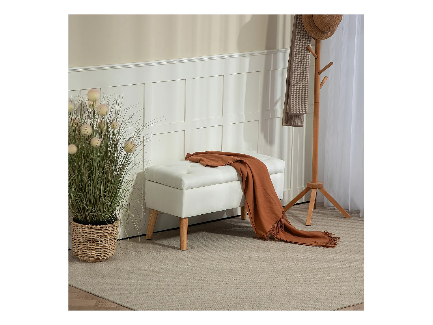 Gestoffeerde opbergbank, fluweel, rubberhouten frame, wit (80x35x40cm)