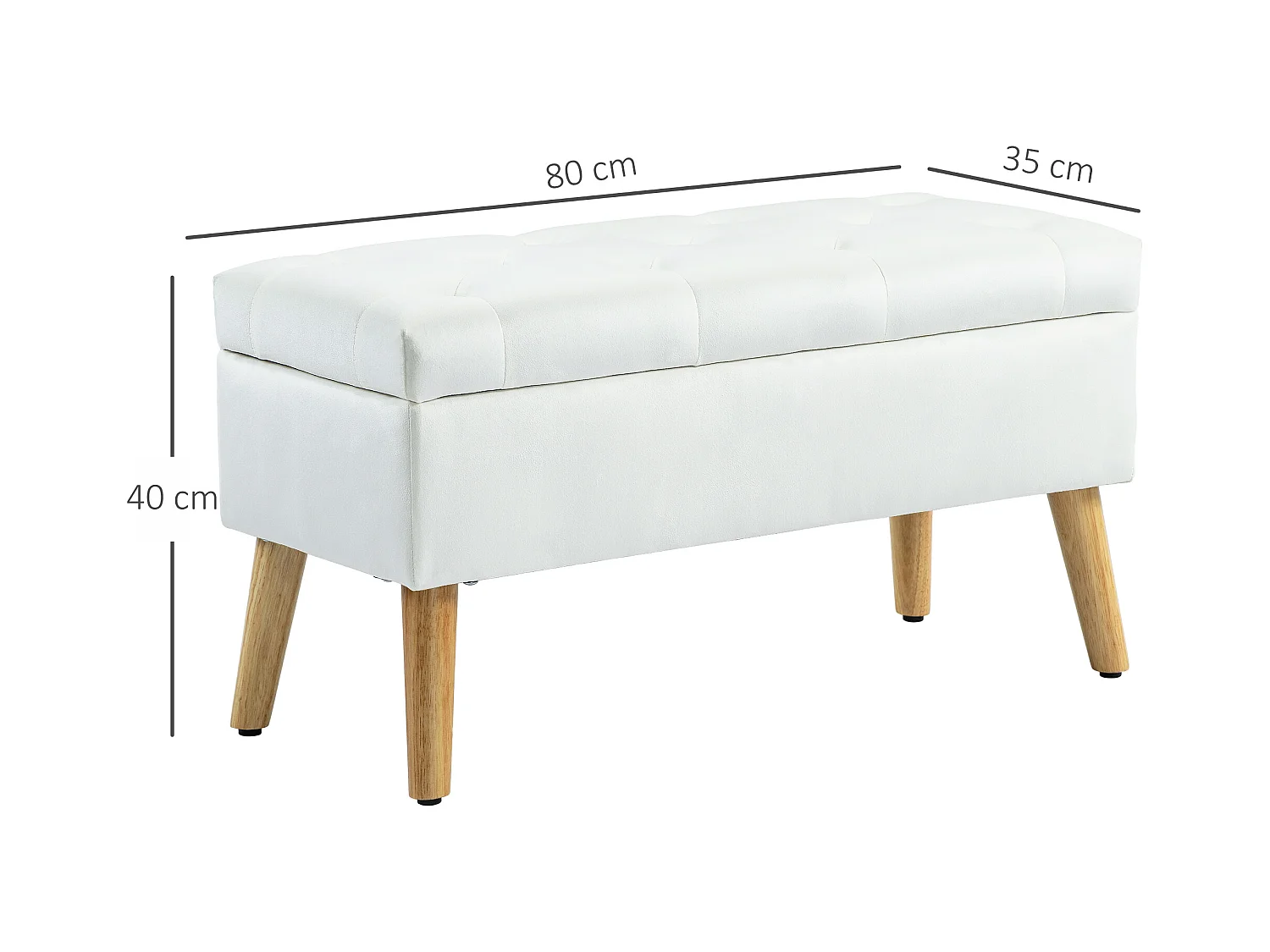 Banc de rangement capitonné, velours, structure en bois d'hévéa, blanc (80x35x40cm)