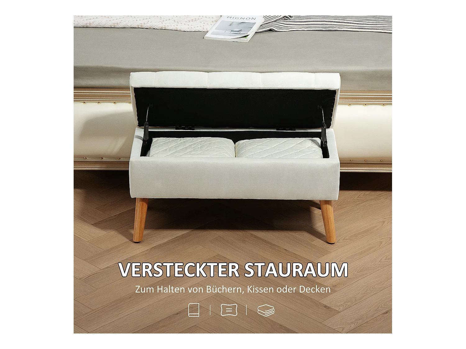 Banc de rangement capitonné, velours, structure en bois d'hévéa, blanc (80x35x40cm)