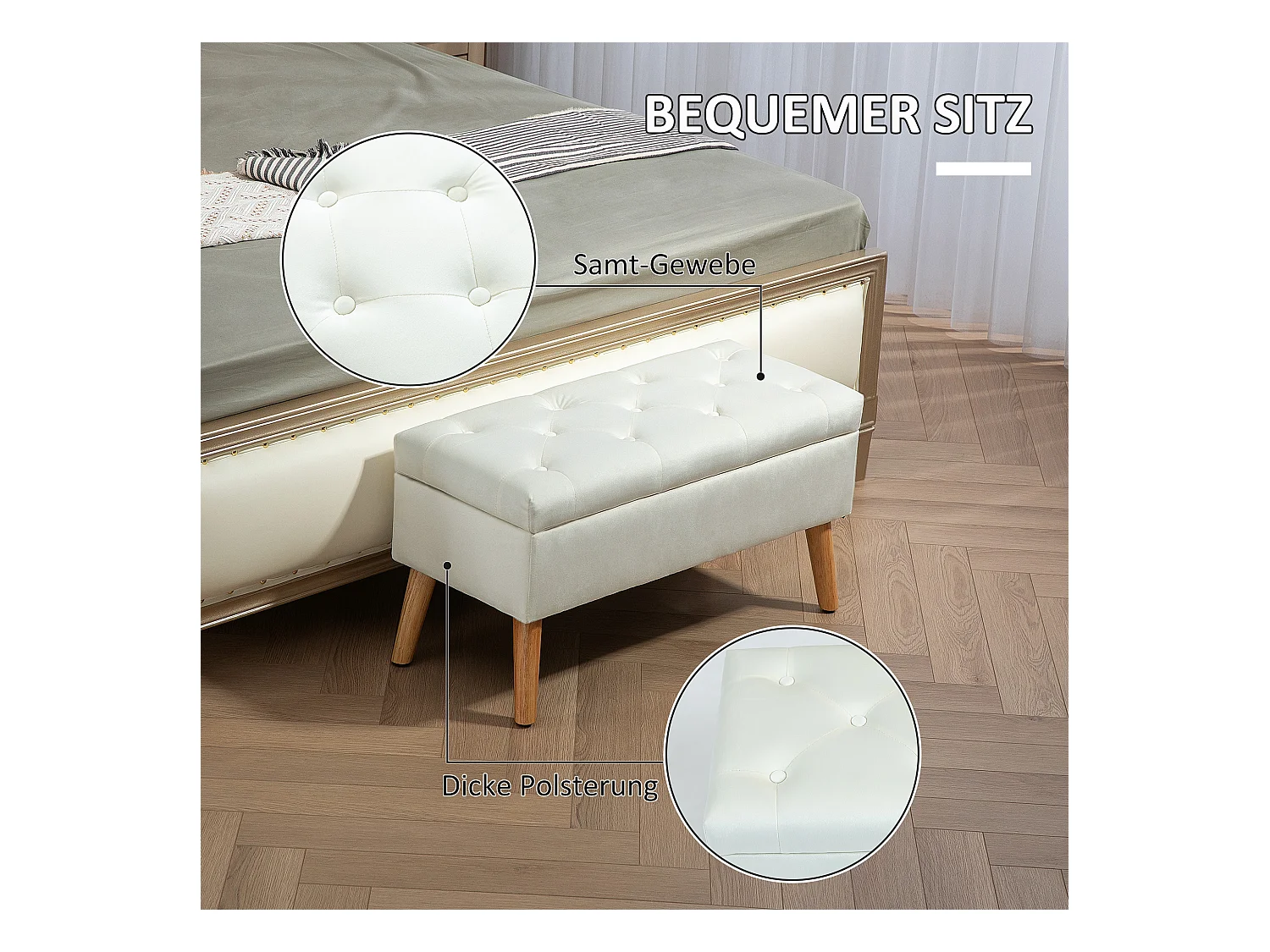 Banc de rangement capitonné, velours, structure en bois d'hévéa, blanc (80x35x40cm)