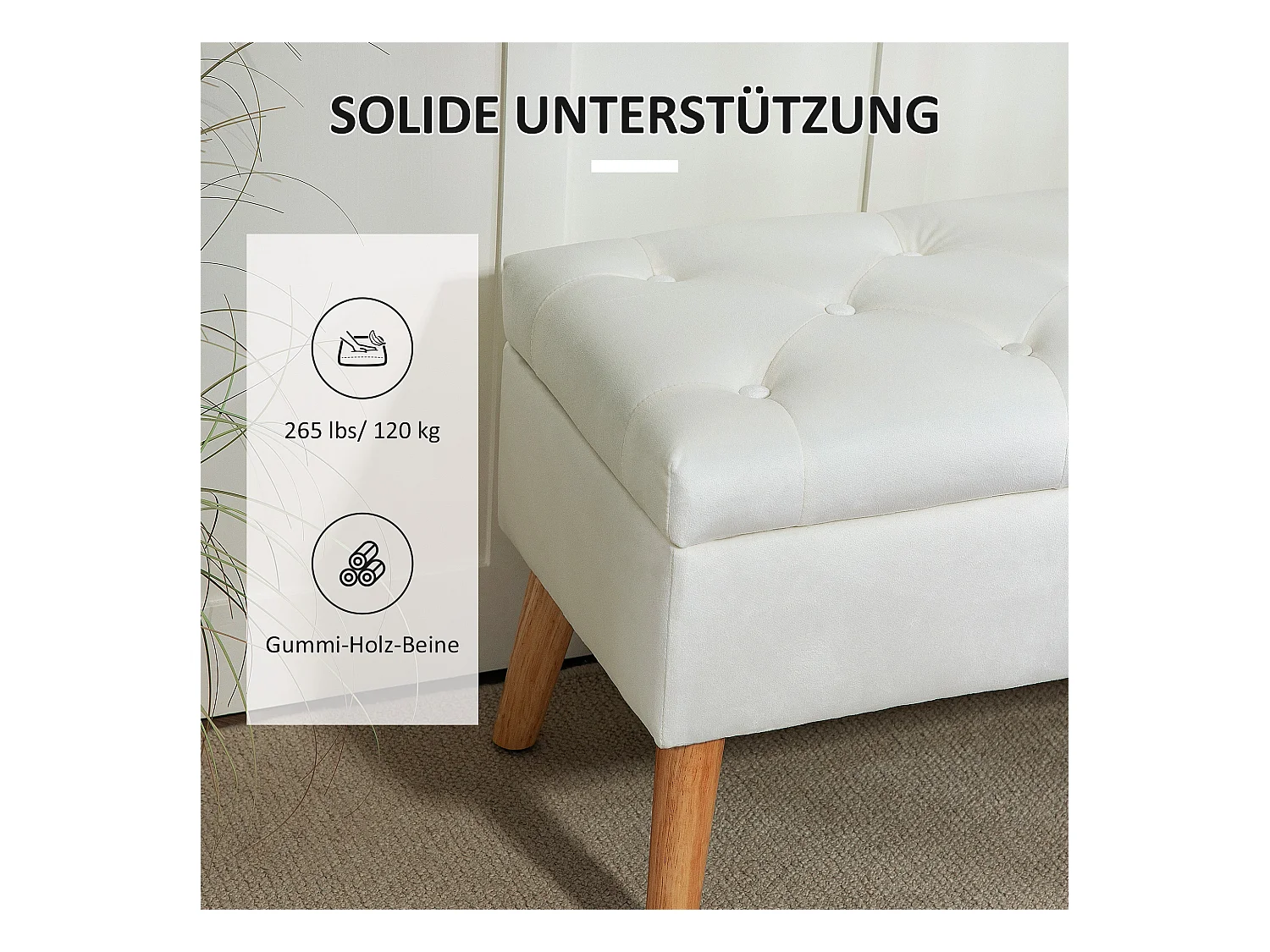 Banc de rangement capitonné, velours, structure en bois d'hévéa, blanc (80x35x40cm)
