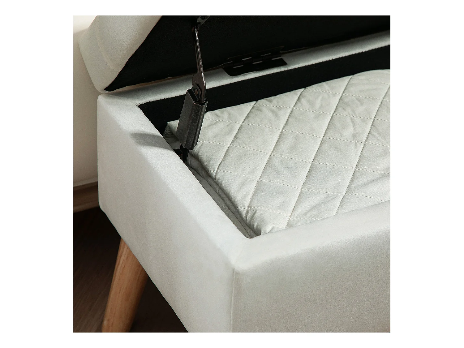 Banc de rangement capitonné, velours, structure en bois d'hévéa, blanc (80x35x40cm)
