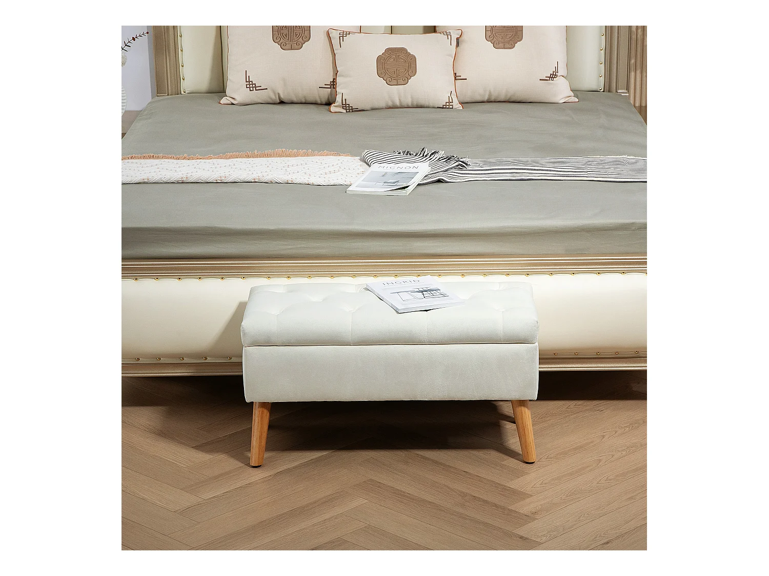 Banc de rangement capitonné, velours, structure en bois d'hévéa, blanc (80x35x40cm)