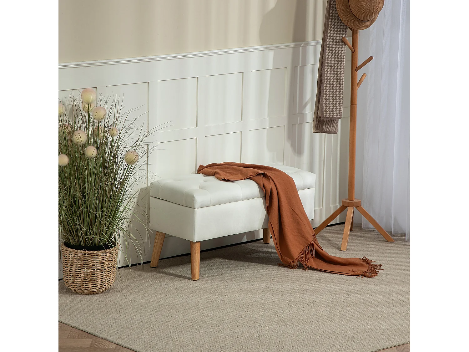 Banc de rangement capitonné, velours, structure en bois d'hévéa, blanc (80x35x40cm)