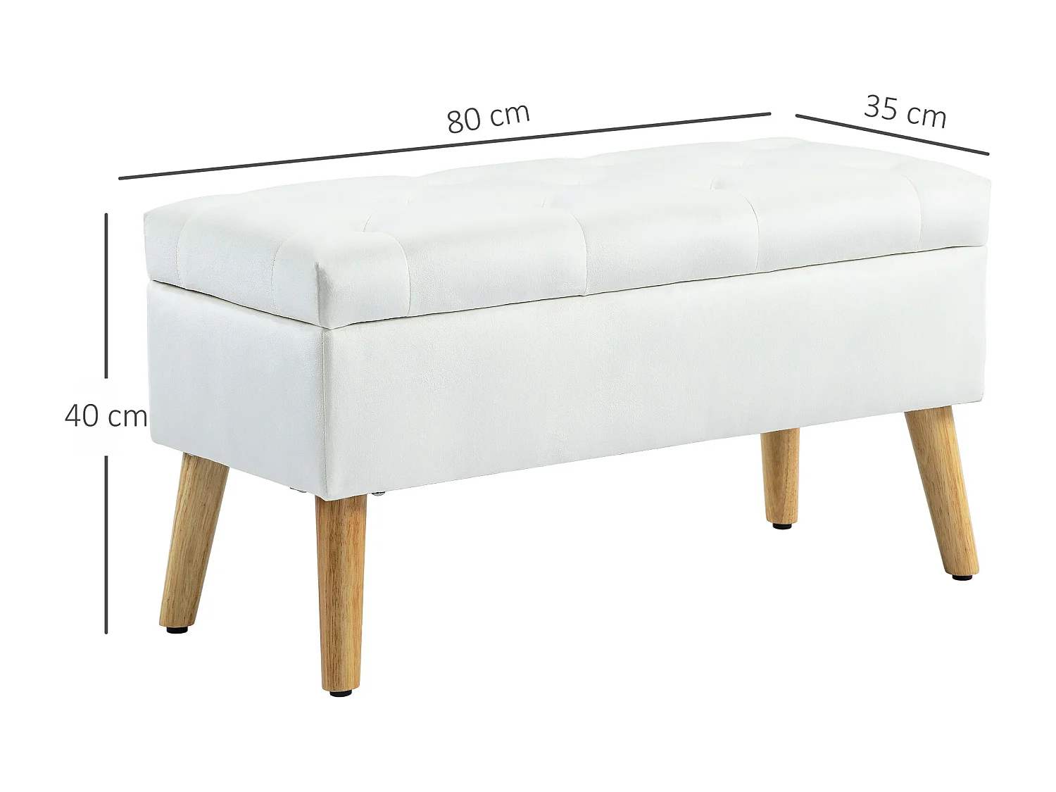 Banc de rangement capitonné, velours, structure en bois d'hévéa, blanc (80x35x40cm)