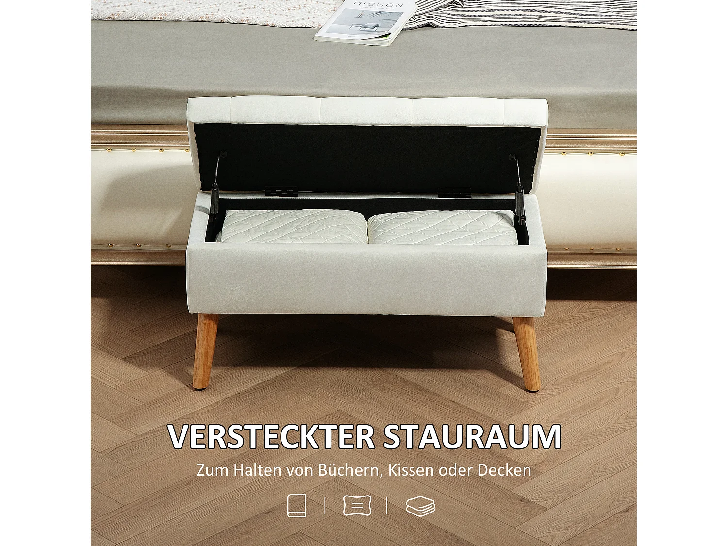 Banc de rangement capitonné, velours, structure en bois d'hévéa, blanc (80x35x40cm)