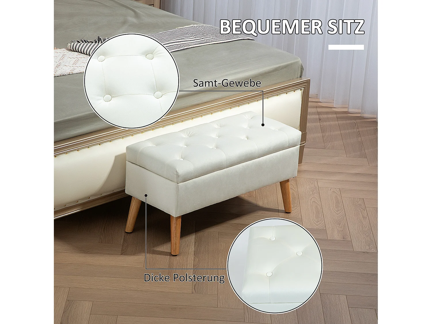 Banc de rangement capitonné, velours, structure en bois d'hévéa, blanc (80x35x40cm)