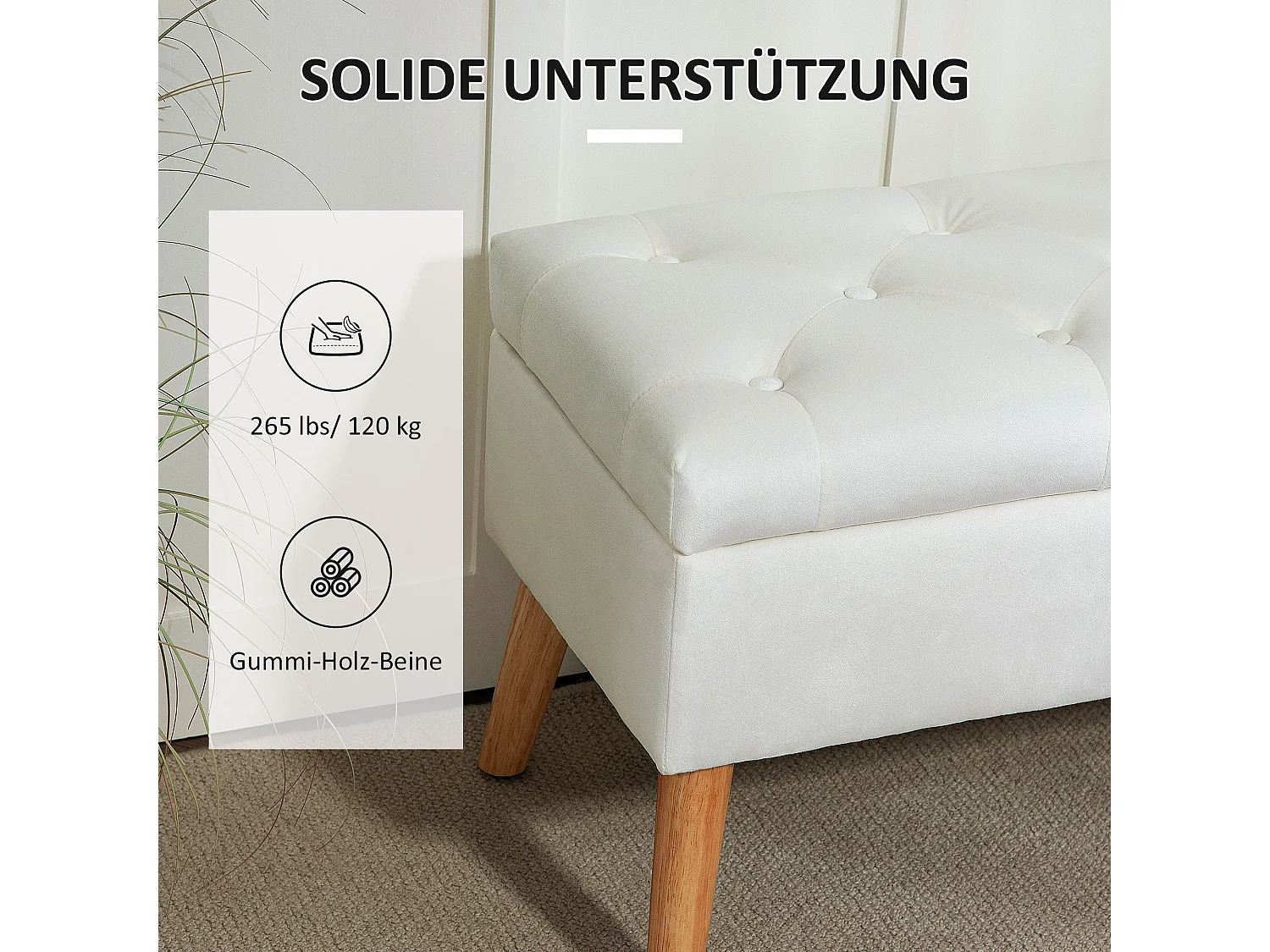 Banc de rangement capitonné, velours, structure en bois d'hévéa, blanc (80x35x40cm)