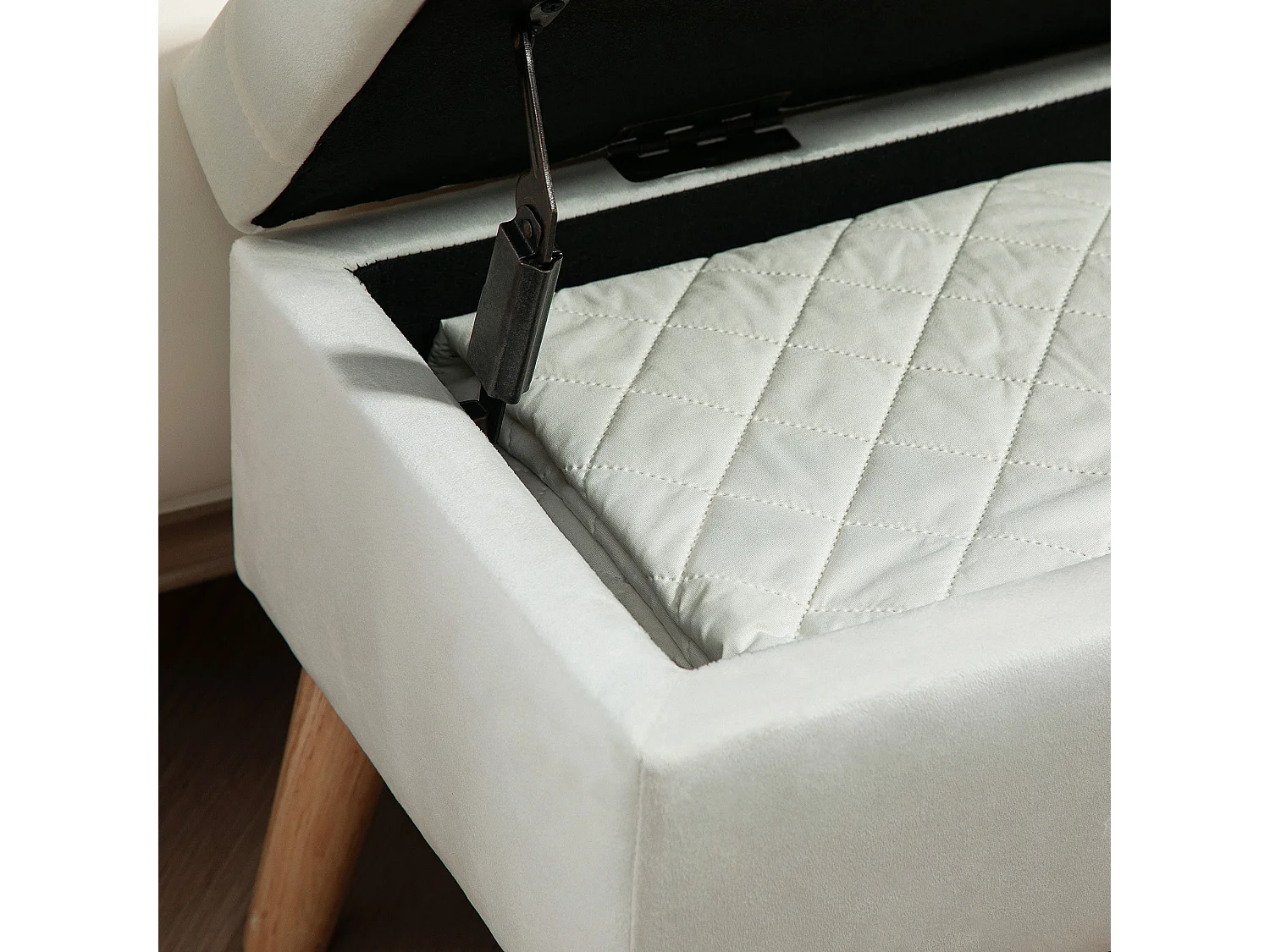 Banc de rangement capitonné, velours, structure en bois d'hévéa, blanc (80x35x40cm)