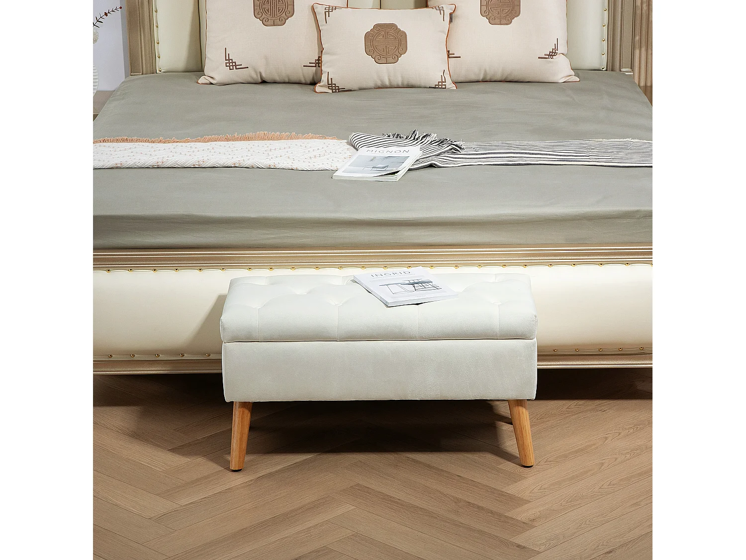 Banc de rangement capitonné, velours, structure en bois d'hévéa, blanc (80x35x40cm)