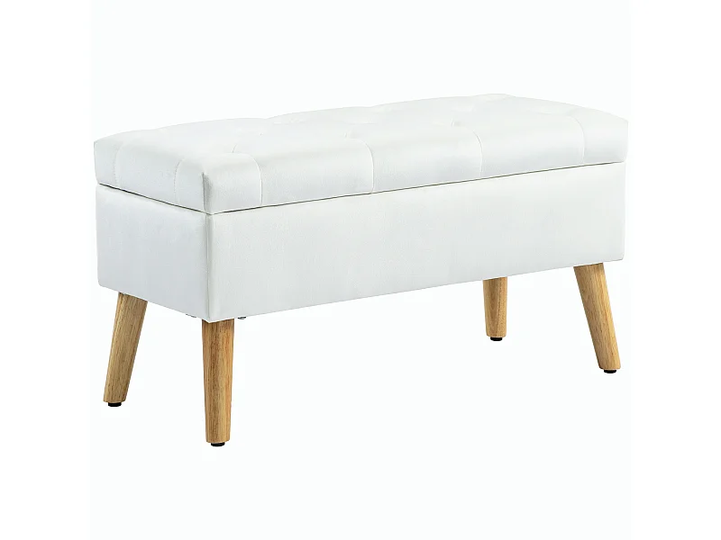 Banc de rangement capitonné, velours, structure en bois d'hévéa, blanc (80x35x40cm)
