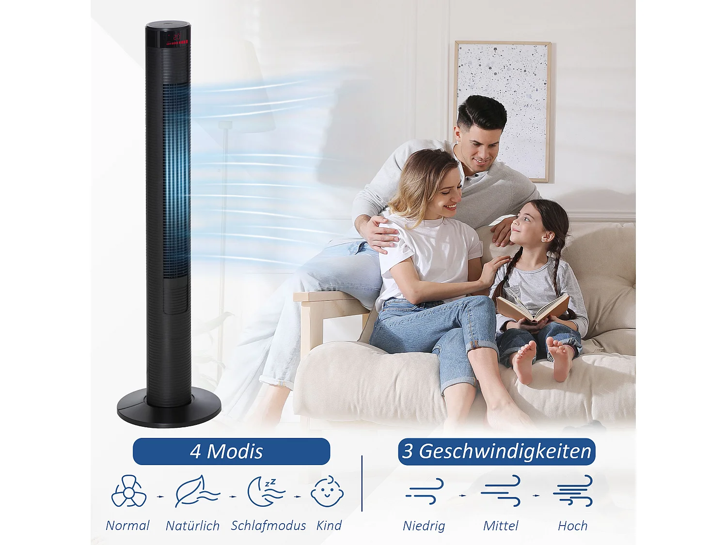 Ventilateur sur pied 3 snelheden, oscillatie 70°, 12H minuterie, 4 modi, télécommande, acier, zwart (31,5x31,5x117cm)