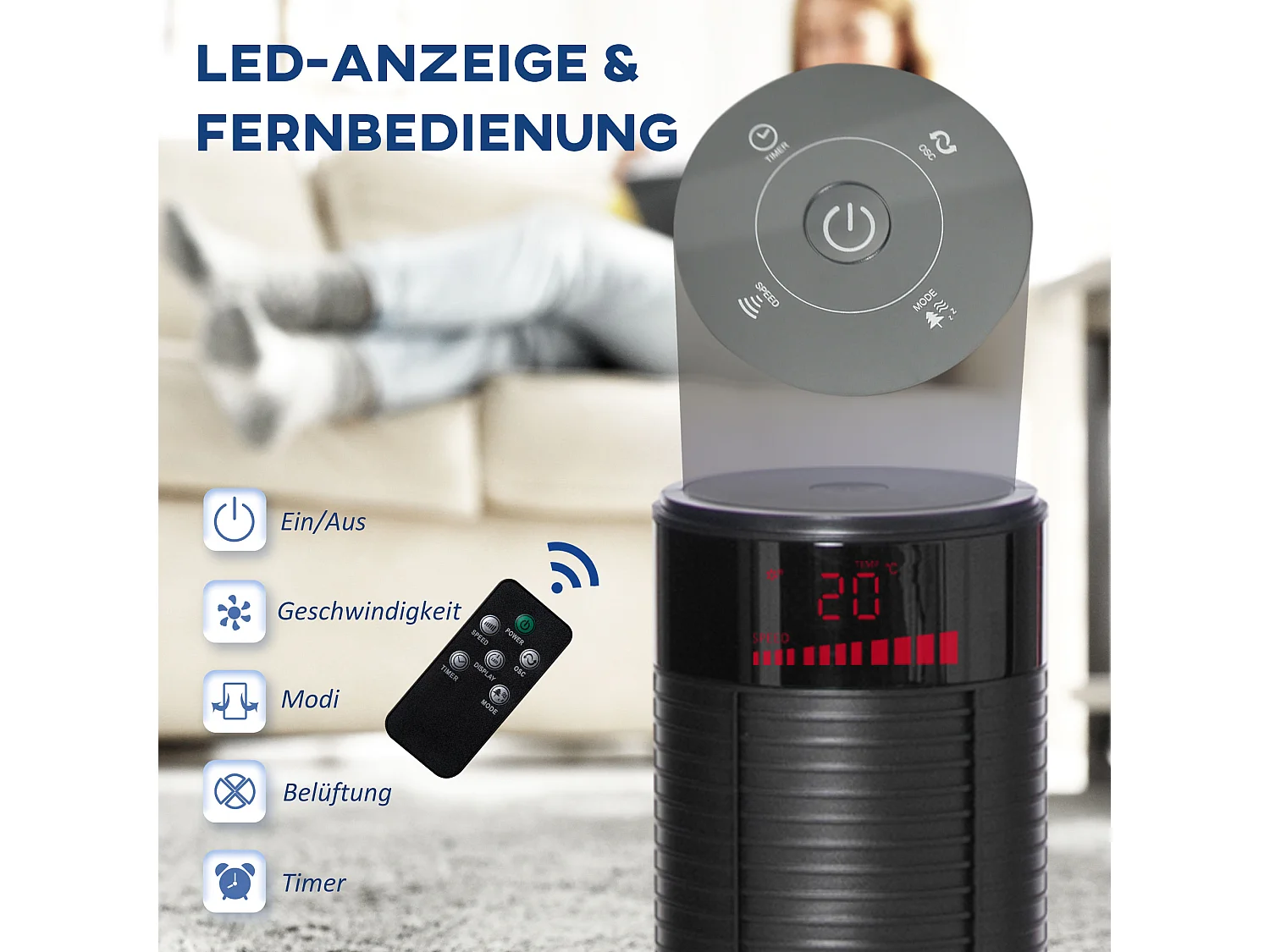 Ventilateur sur pied 3 snelheden, oscillatie 70°, 12H minuterie, 4 modi, télécommande, acier, zwart (31,5x31,5x117cm)
