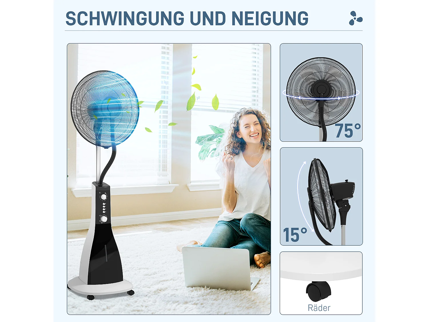 Ventilateur met functie brumisateur 3L, 90W, 3 modi, minuterie, oscillerend, roulettes, zwart (44,5x38,5x120cm)