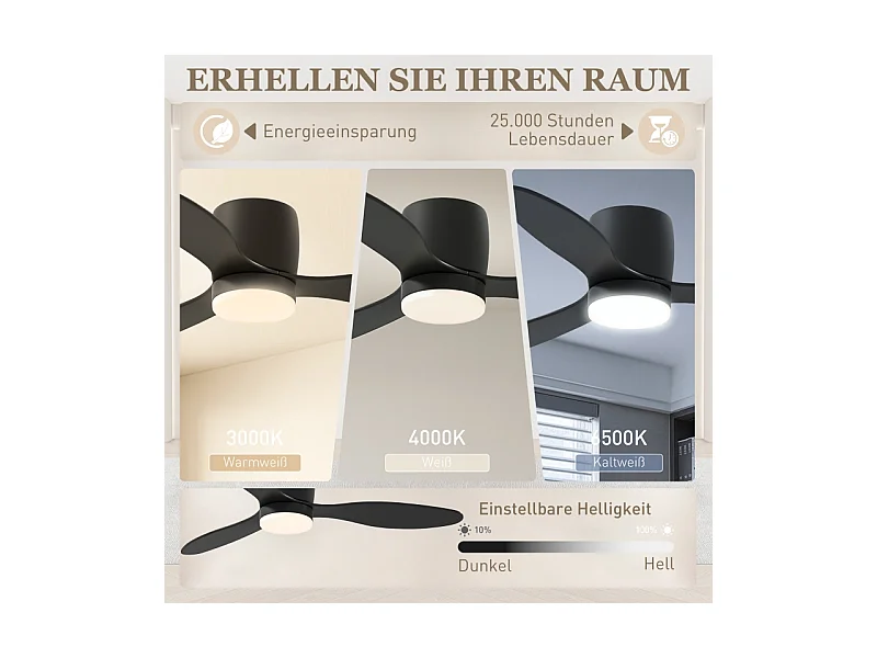 Plafondventilator met LED éclairage, omkeerbare gelijkstroommotor, 3 pales, 6 snelheden, télécommande, zwart (115x115x20cm)