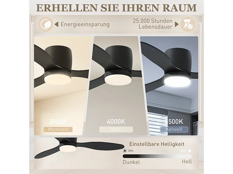 Ventilatore da soffitto con illuminazione a LED, motore DC reversibile, 3 pale, 6 velocità, telecomando, nero (115x115x20cm)