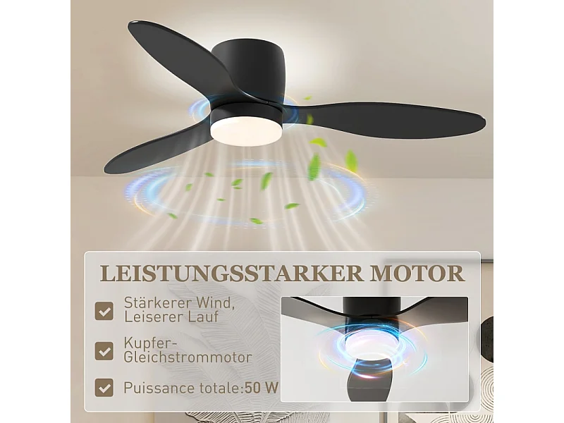 Ventilatore da soffitto con illuminazione a LED, motore DC reversibile, 3 pale, 6 velocità, telecomando, nero (115x115x20cm)