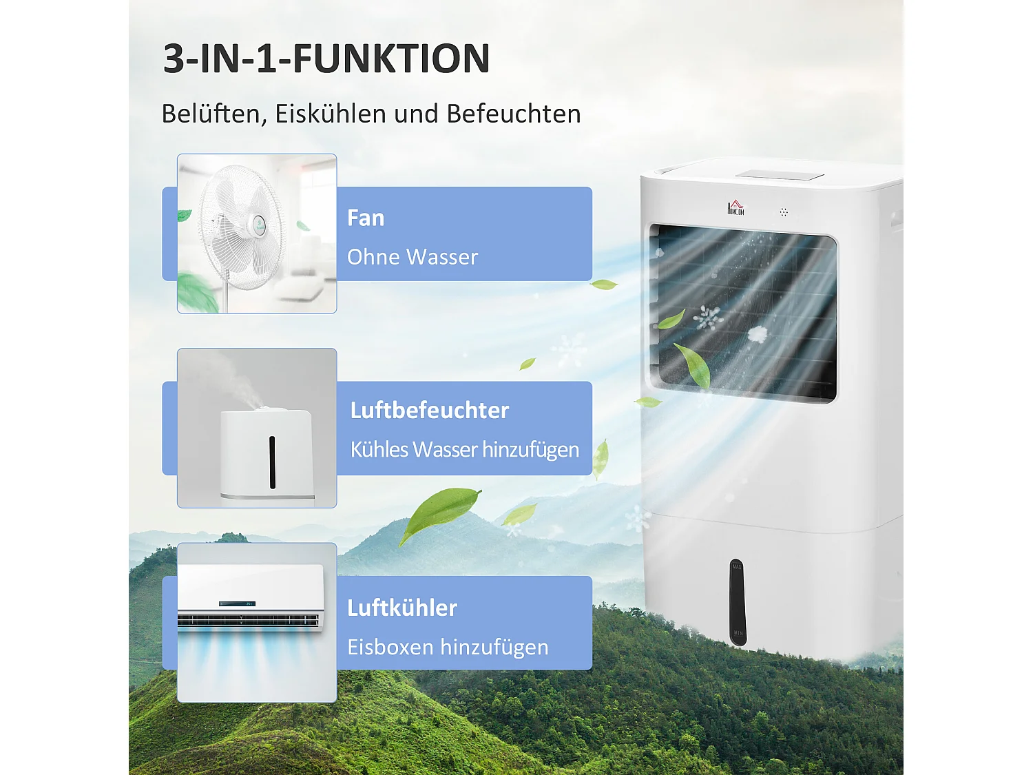 Airconditioner mobiel 3 en 1 met bevochtiging, refroidissement à l'eau, 15L, 60° oscillatie, télécommande, minuterie 8h, pour 20㎡, wit (32x37x78cm)