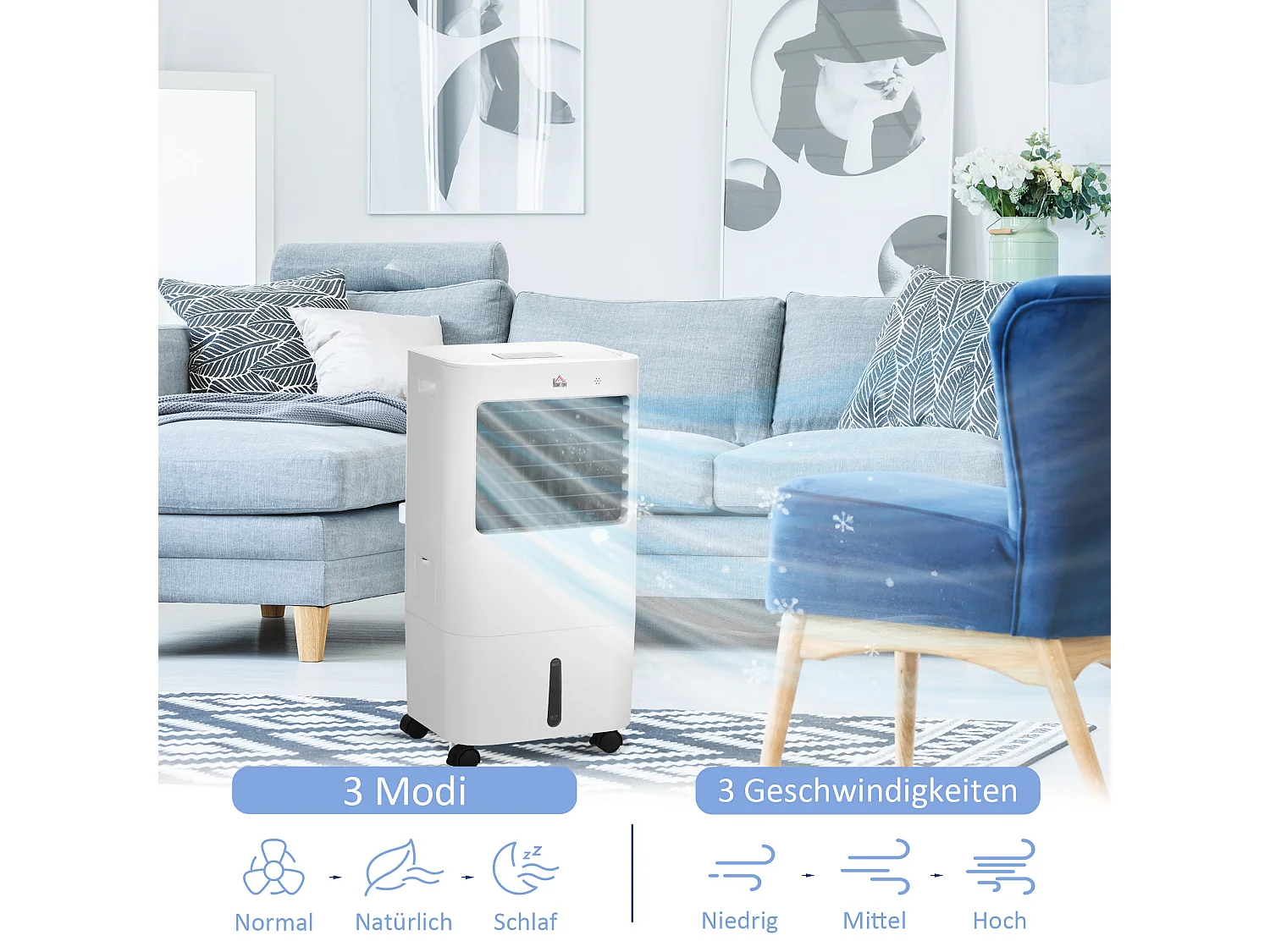 Airconditioner mobiel 3 en 1 met bevochtiging, refroidissement à l'eau, 15L, 60° oscillatie, télécommande, minuterie 8h, pour 20㎡, wit (32x37x78cm)