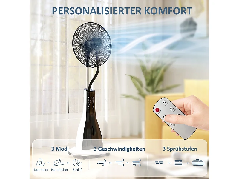 Ventilator met waterkoelfunctie, oscillerende ventilator met brumisatie, telebediening, 3 snelheidsniveaus, reservoir van 3 liter