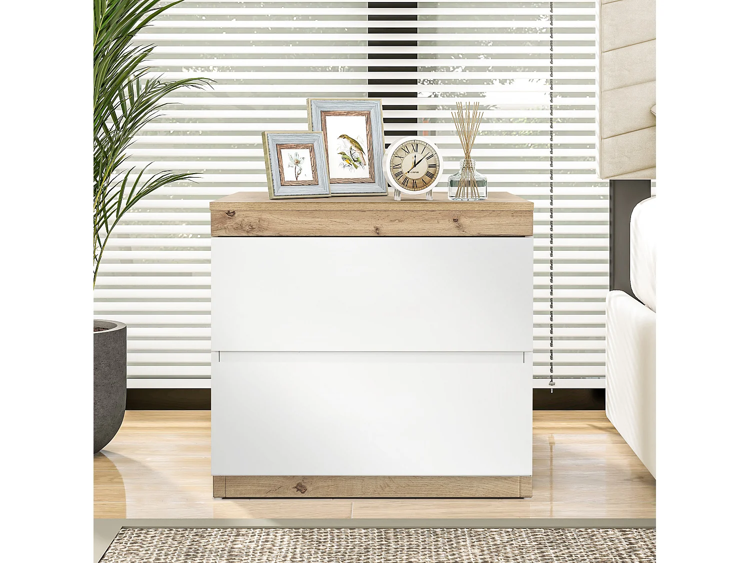 Mesita de noche con 2 cajones, mesita de noche para dormitorio, aglomerado E1, blanco + roble (50x40x80cm)