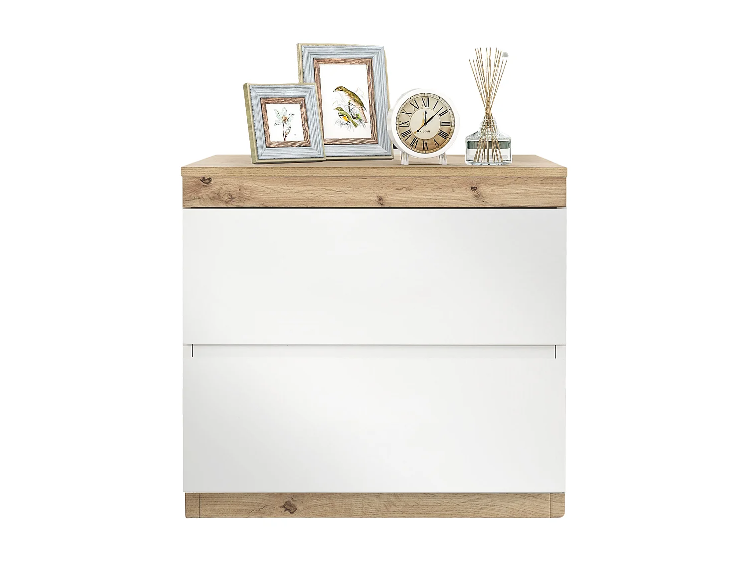 Mesita de noche con 2 cajones, mesita de noche para dormitorio, aglomerado E1, blanco + roble (50x40x80cm)