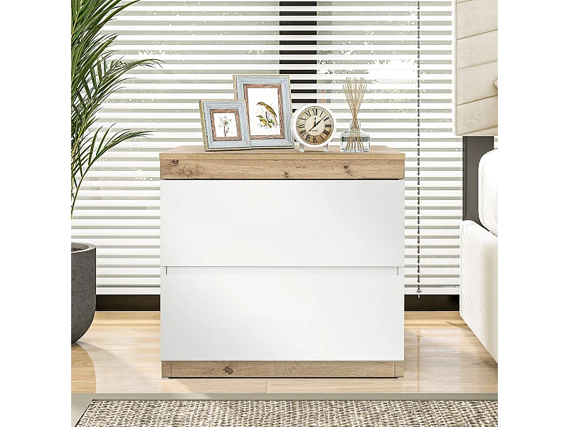 Mesita de noche con 2 cajones, mesita de noche para dormitorio, aglomerado E1, blanco + roble (50x40x80cm)