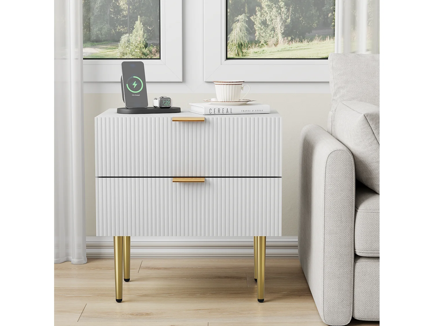 Comodino bianco con motivo a onde e 2 cassetti, comodino per camera da letto, gambe in metallo, design moderno (53x41,3x52,5 cm)