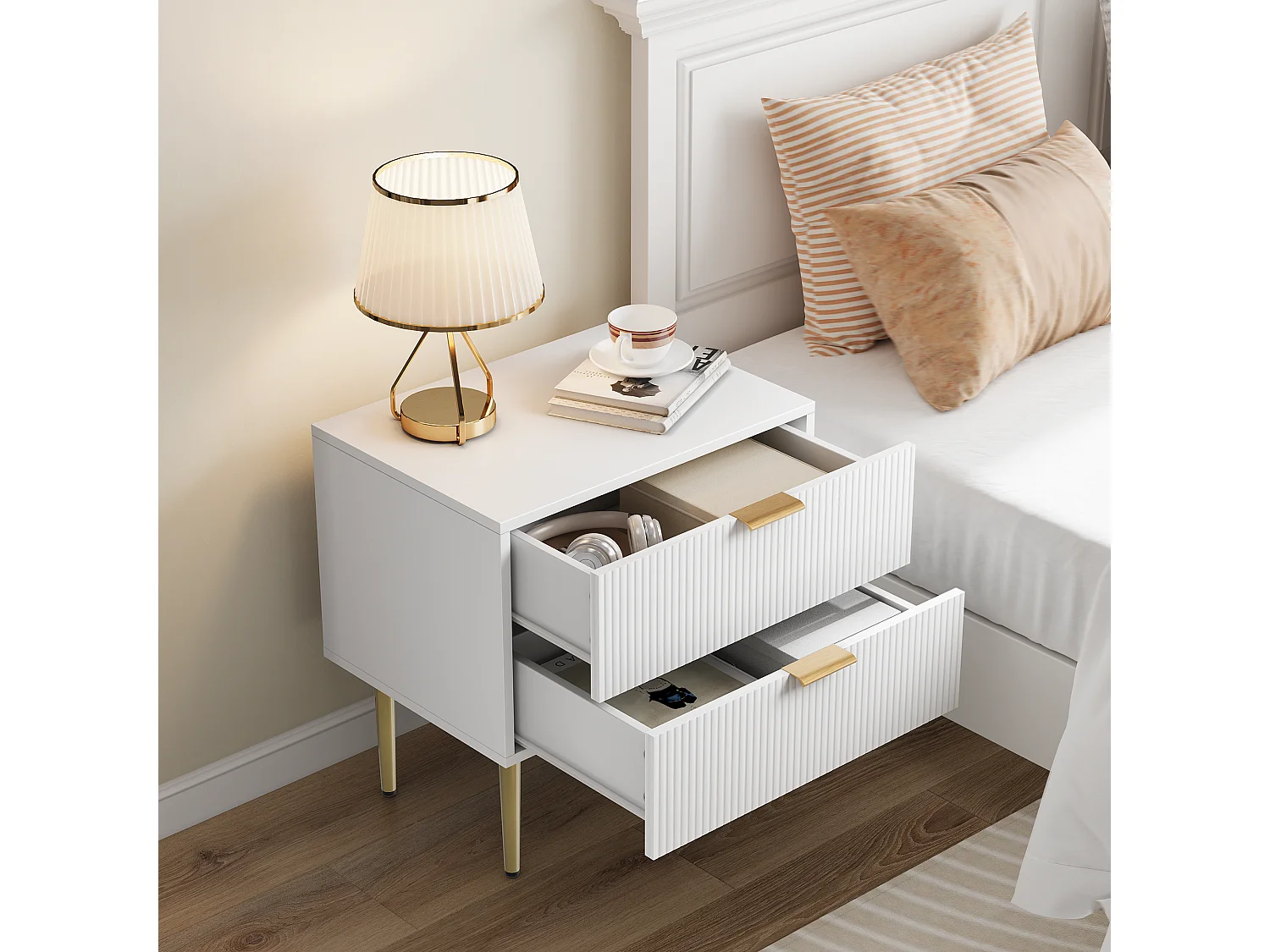 Comodino bianco con motivo a onde e 2 cassetti, comodino per camera da letto, gambe in metallo, design moderno (53x41,3x52,5 cm)