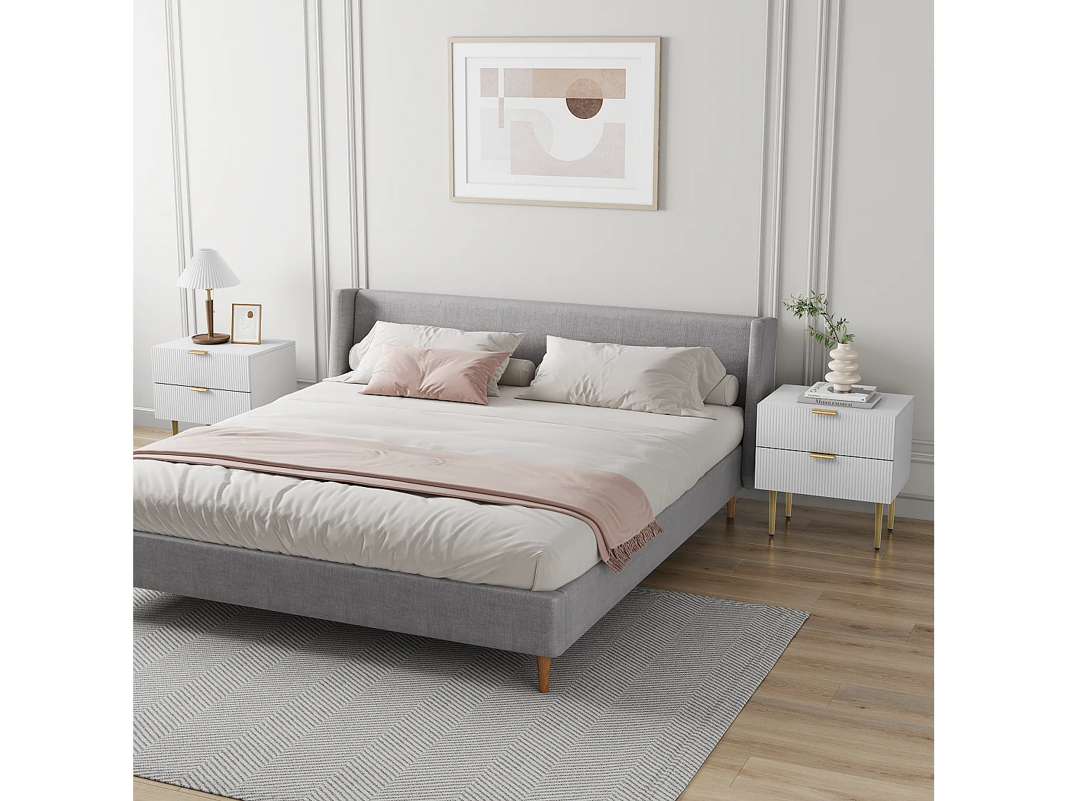Comodino bianco con motivo a onde e 2 cassetti, comodino per camera da letto, gambe in metallo, design moderno (53x41,3x52,5 cm)