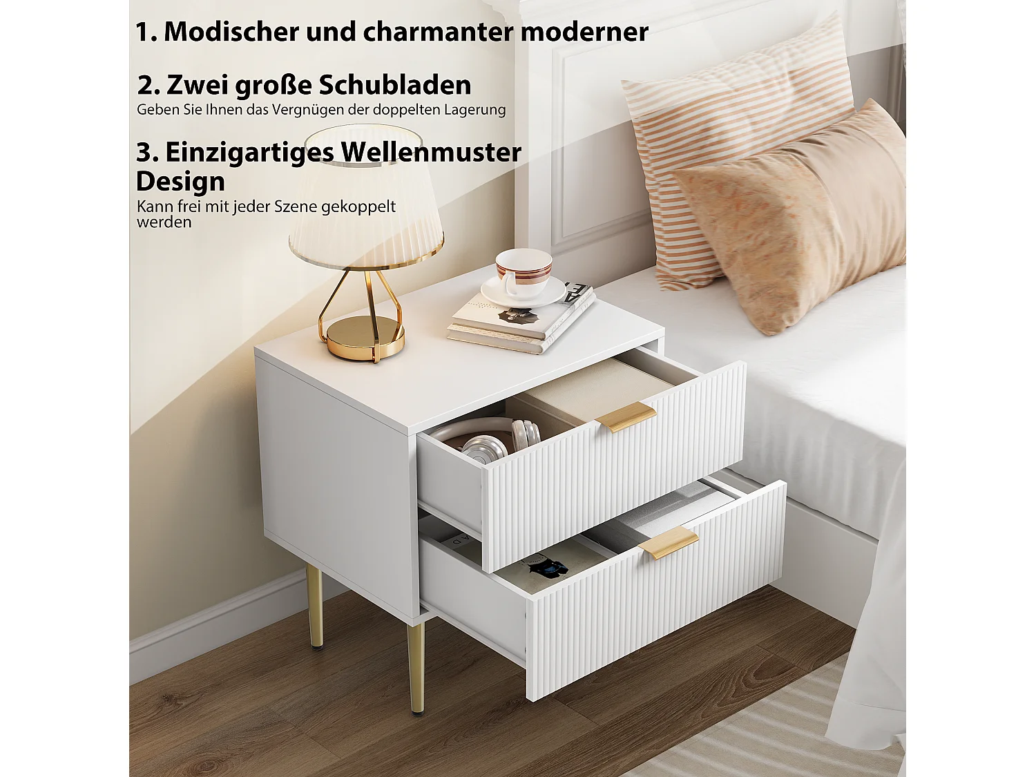 Comodino bianco con motivo a onde e 2 cassetti, comodino per camera da letto, gambe in metallo, design moderno (53x41,3x52,5 cm)