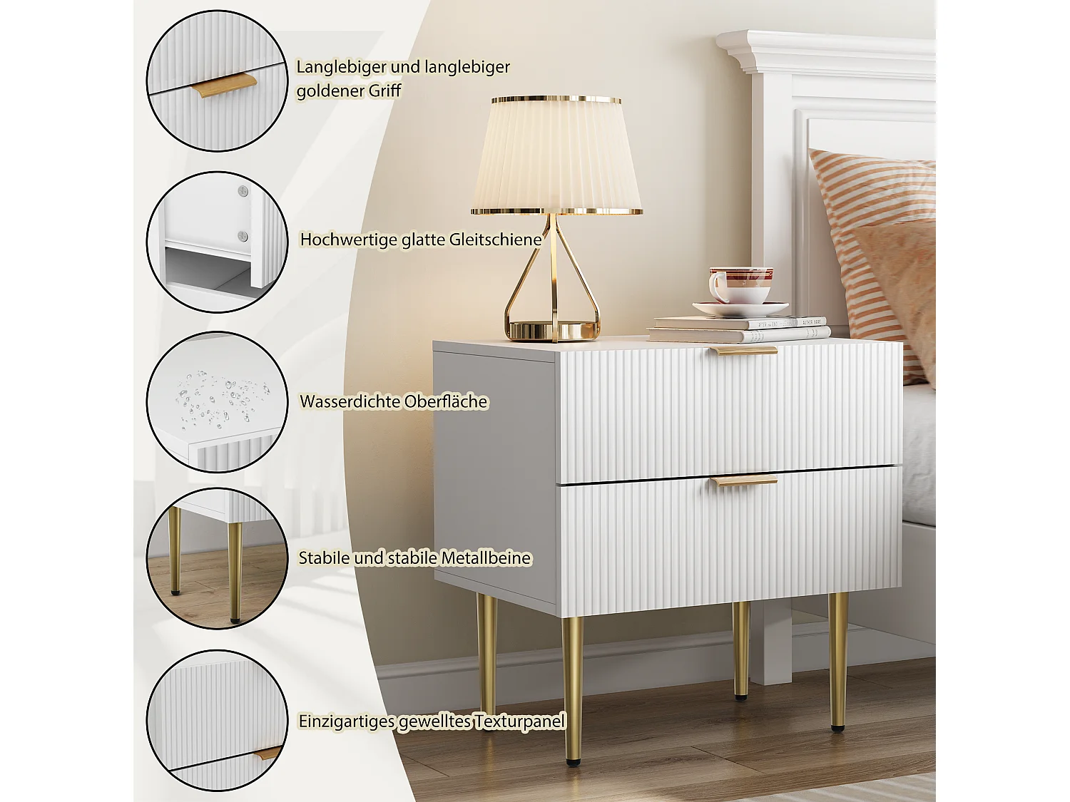 Comodino bianco con motivo a onde e 2 cassetti, comodino per camera da letto, gambe in metallo, design moderno (53x41,3x52,5 cm)