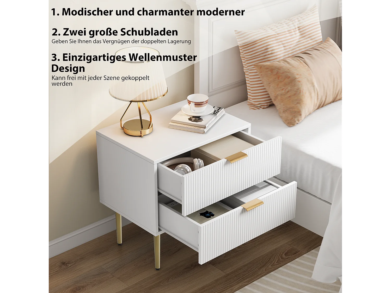 Table de chevet blanche à motif ondulé et 2 tiroirs, table de chevet de chambre, pieds en métal, design moderne (53x41,3x52,5cm)