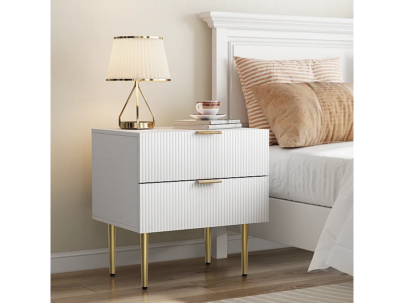 Comodino bianco con motivo a onde e 2 cassetti, comodino per camera da letto, gambe in metallo, design moderno (53x41,3x52,5 cm)