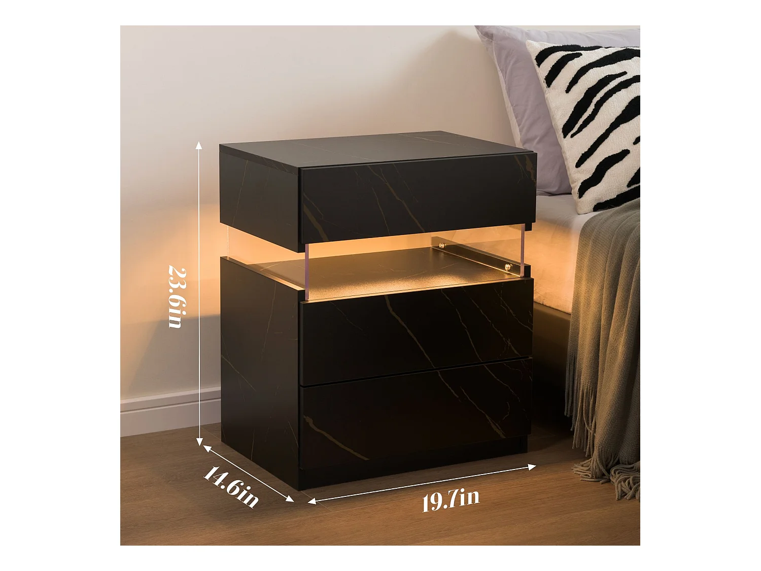 Table de chevet LED avec 3 tiroirs, table de chevet LED acrylique, noir+or, MDF, (48x38x61cm)