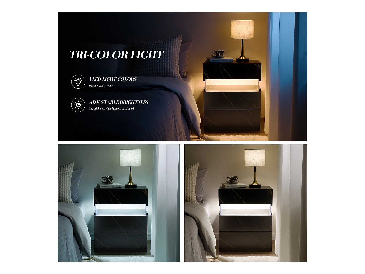 Table de chevet LED avec 3 tiroirs, table de chevet LED acrylique, noir+or, MDF, (48x38x61cm)