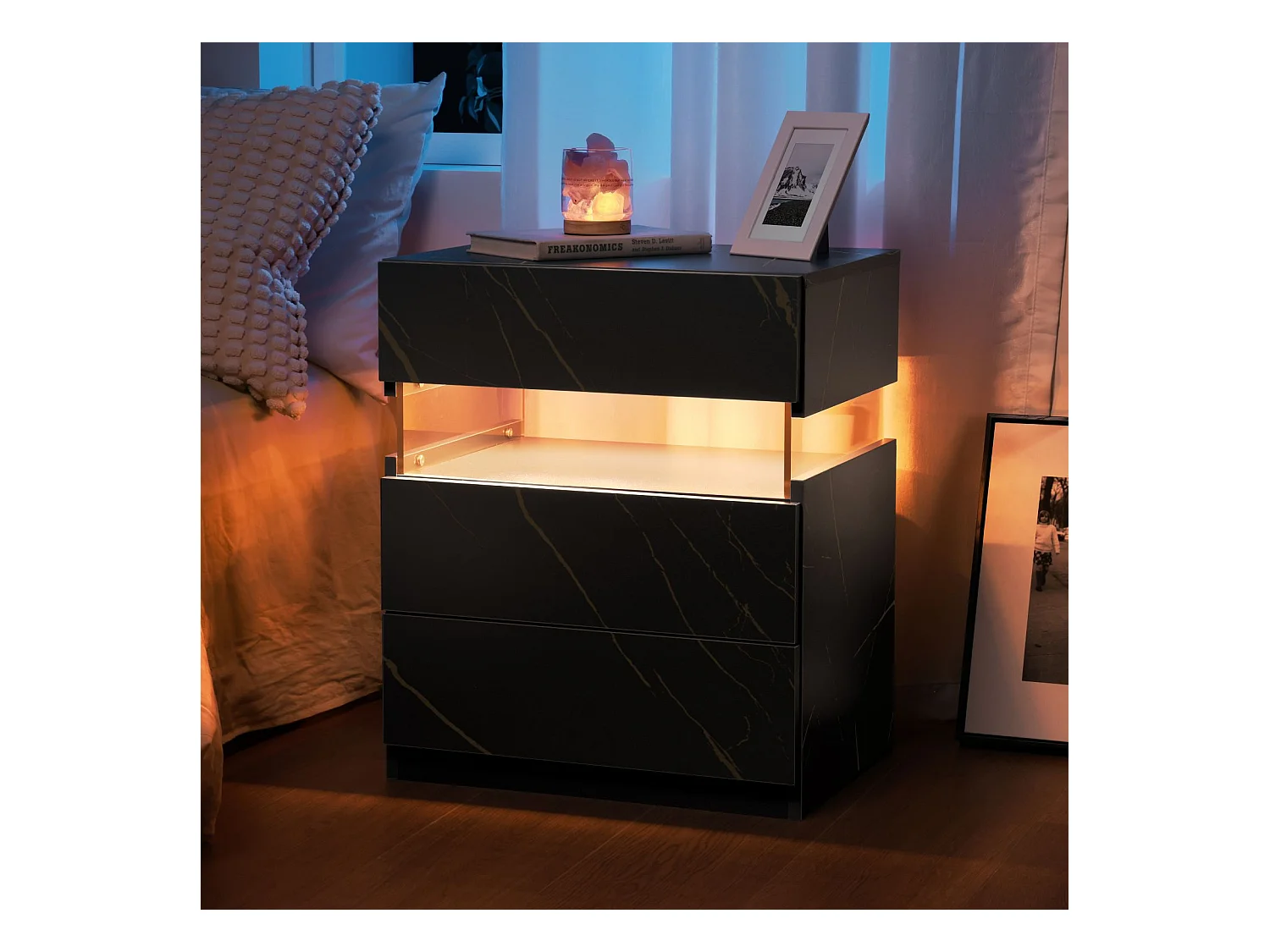 Table de chevet LED avec 3 tiroirs, table de chevet LED acrylique, noir+or, MDF, (48x38x61cm)