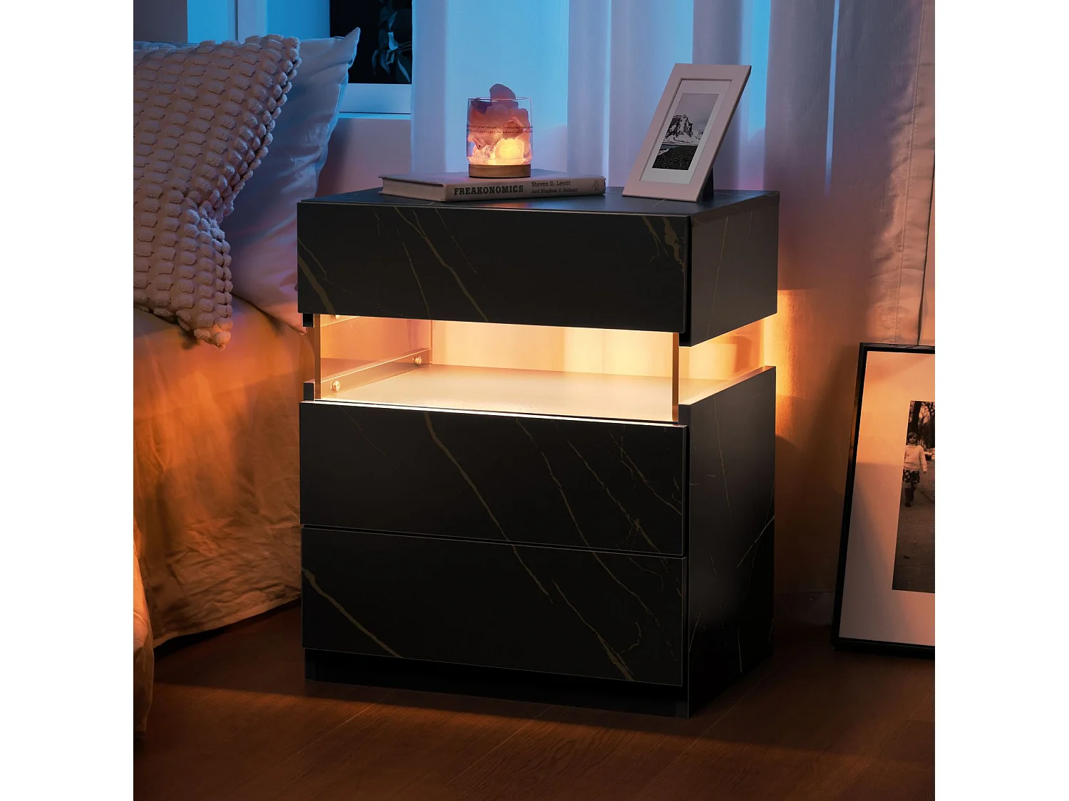 Table de chevet LED avec 3 tiroirs, table de chevet LED acrylique, noir+or, MDF, (48x38x61cm)