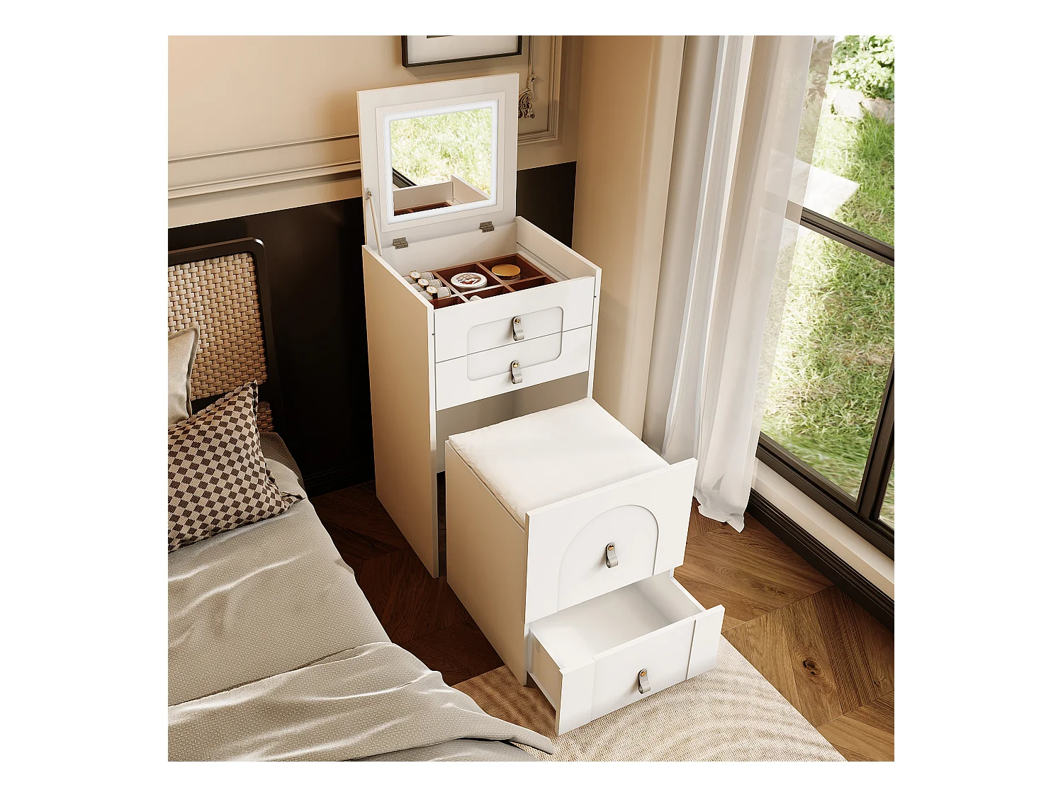 Tocador con espejo LED y 3 cajones, taburete de almacenaje multifuncional, color blanco