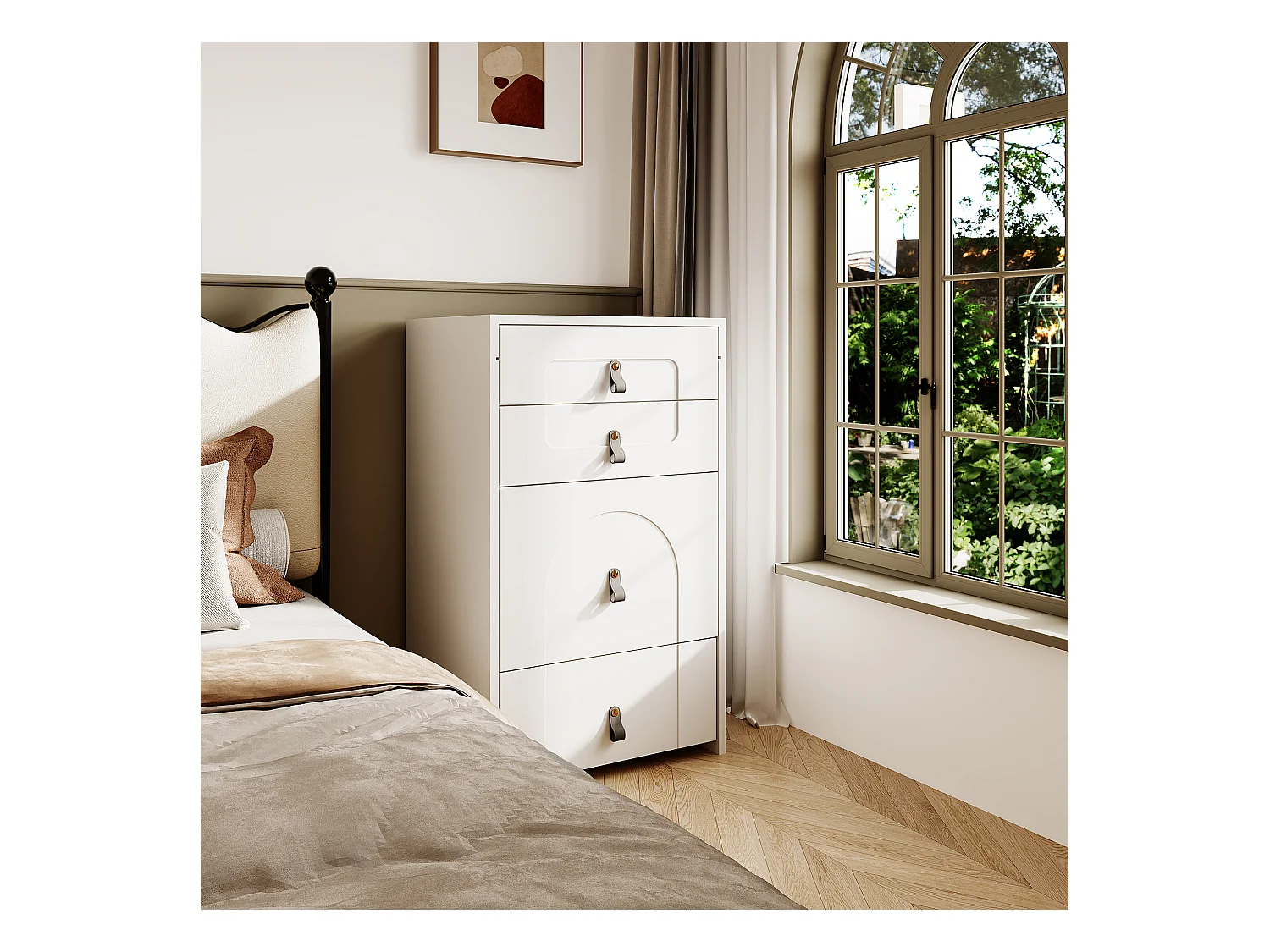 Tocador con espejo LED y 3 cajones, taburete de almacenaje multifuncional, color blanco