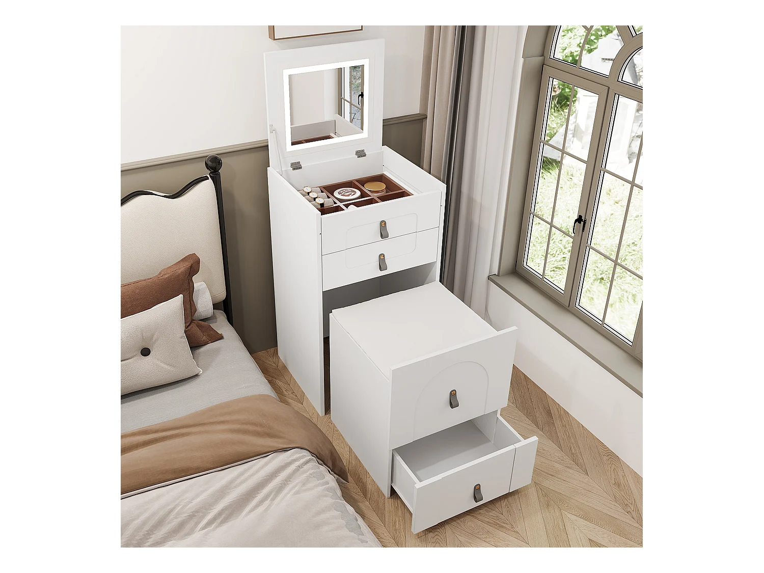 Tocador con espejo LED y 3 cajones, taburete de almacenaje multifuncional, color blanco