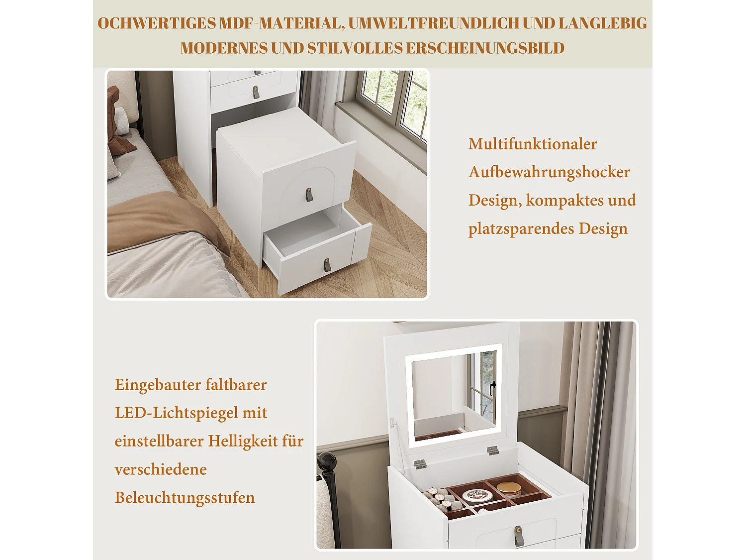 Coiffeuse avec miroir LED et 3 tiroirs, tabouret de rangement multifonctionnel, blanc