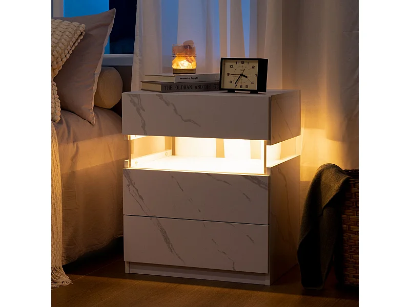 Comodino LED con 3 cassetti, piano in acrilico, luce RGB, MDF, bianco (48x38x61cm)